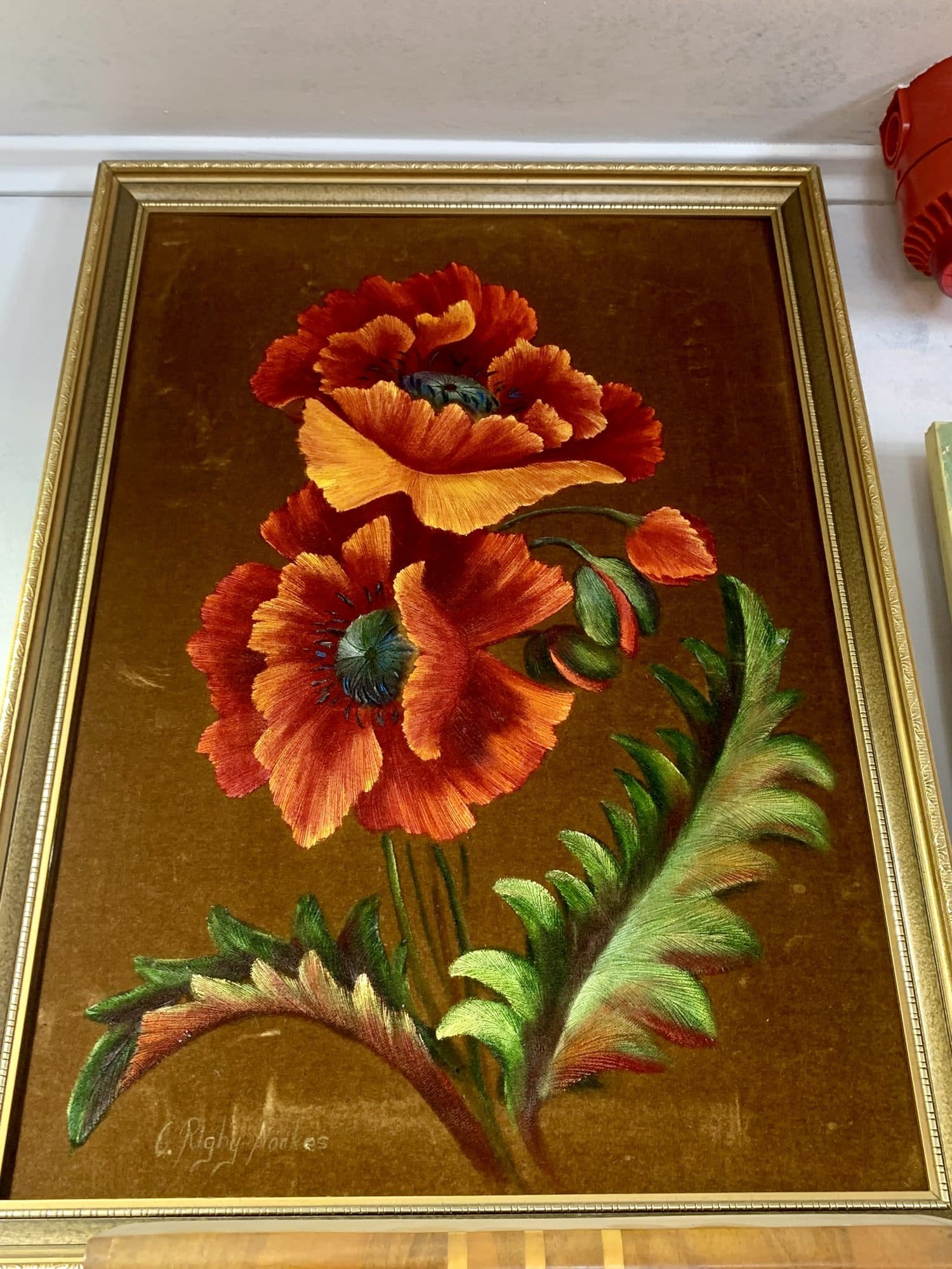 Vintāžas magoņu glezna, zeltīts rāmis, retro stils